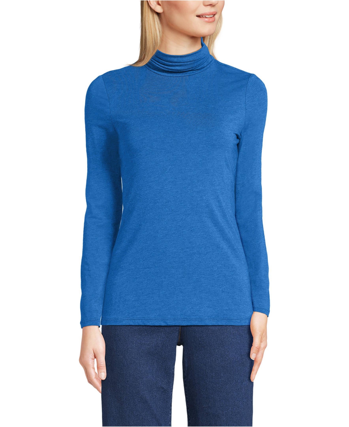Lands' End Women's Tall Lightweight Jersey Skimming Long Sleeve Turtleneck - True cobalt blue heather