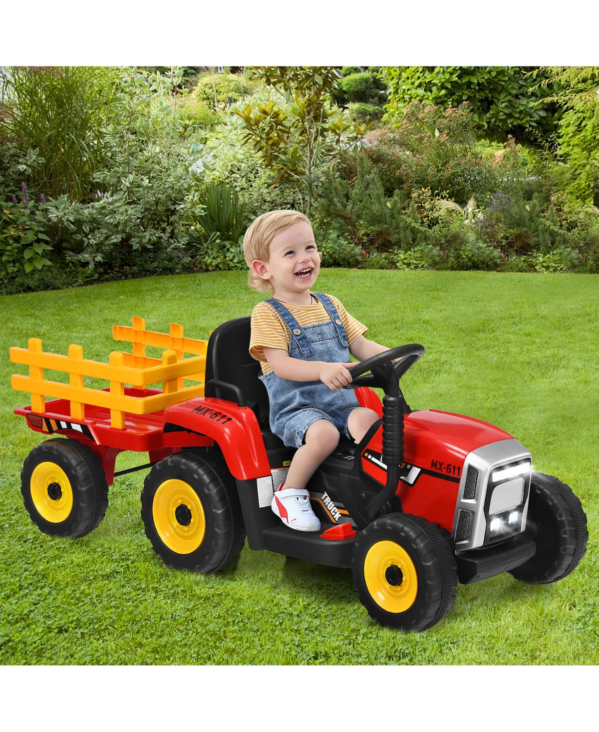 Costway 12V Kids Ride On Tractor with Trailer Ground Loader w/ Rc & Lights
