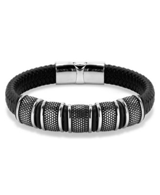 Black Vanguard Gun Metal Leather Stainless Steel Bracelet
