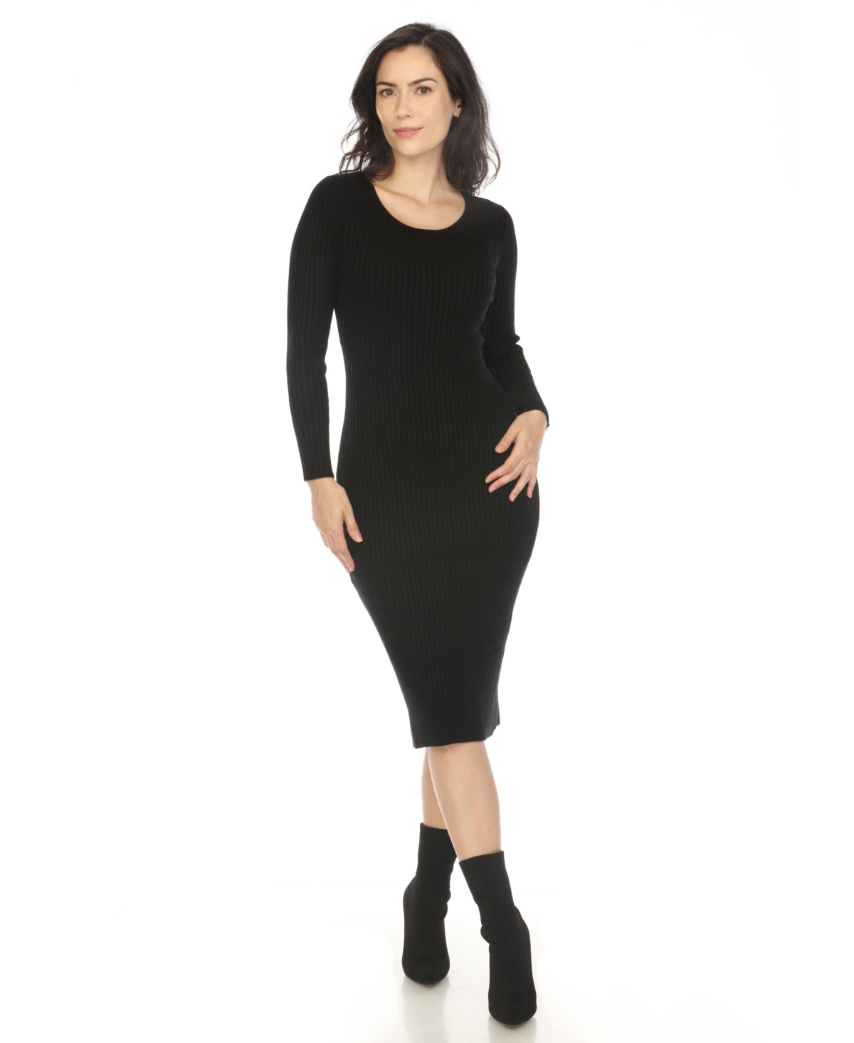 White Mark Women's Long Sleeve Rib Midi Sweater Dress In Black