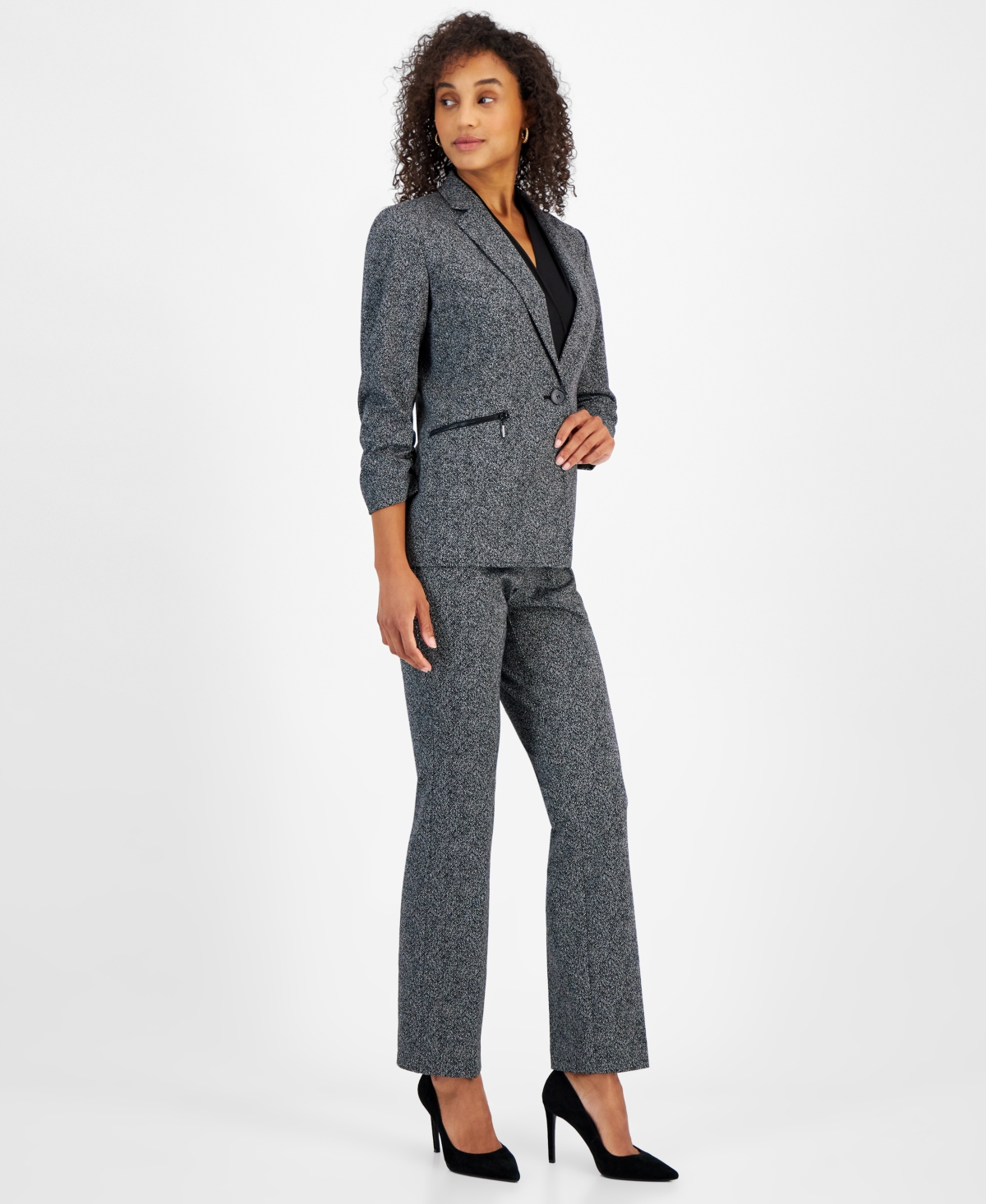 Kasper Women's Printed Ruched-Sleeve One-Button Blazer, Regular & Petite Sizes