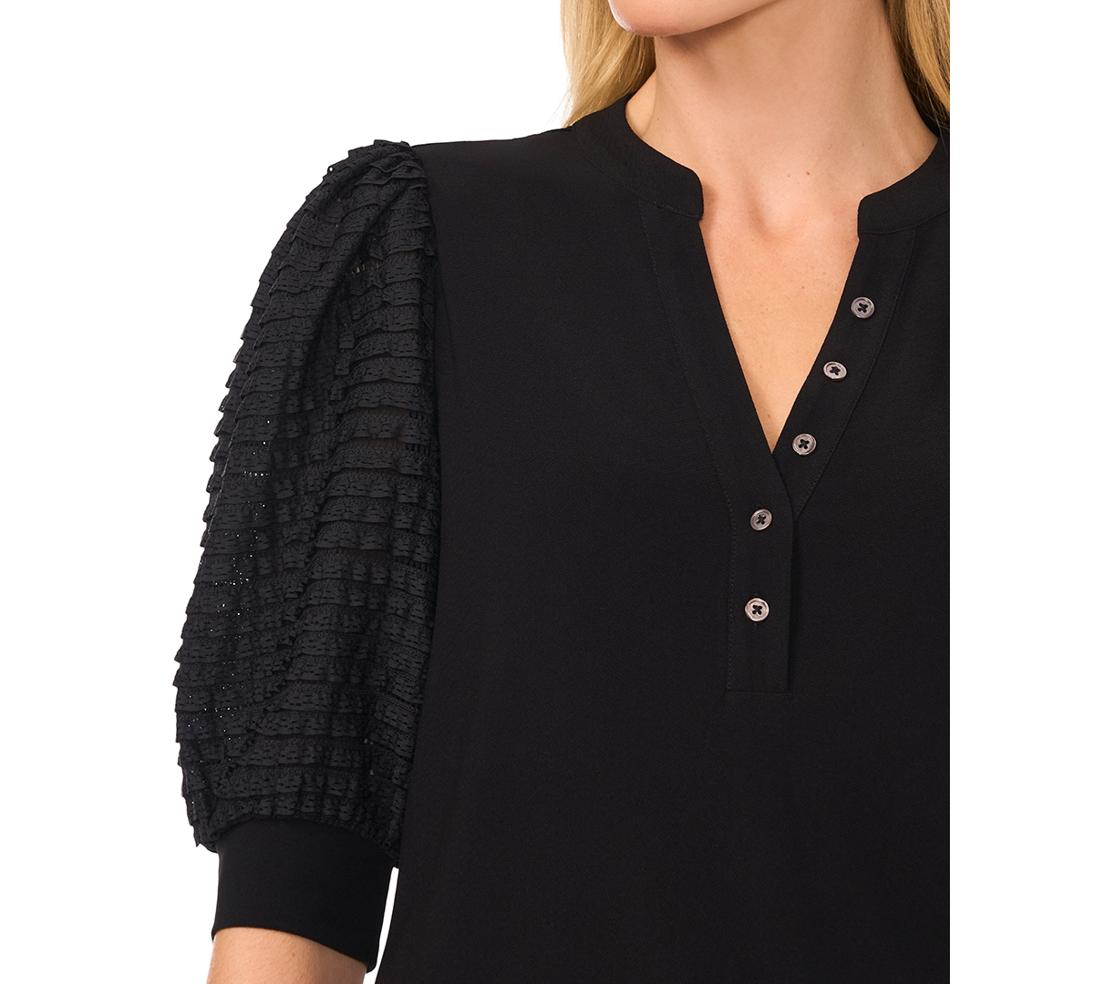 CeCe Women's V-Neck Puff-Sleeve Mixed-Media Top