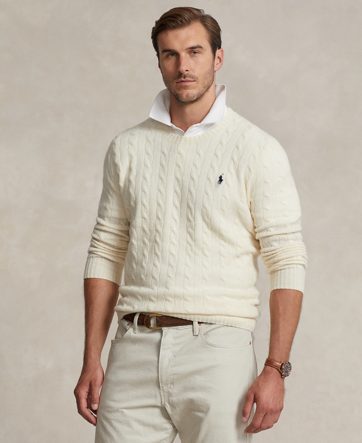 Polo Ralph Lauren Textured Cable Knit Sweater With Round Neckline And Fitted Silhouette In Natural