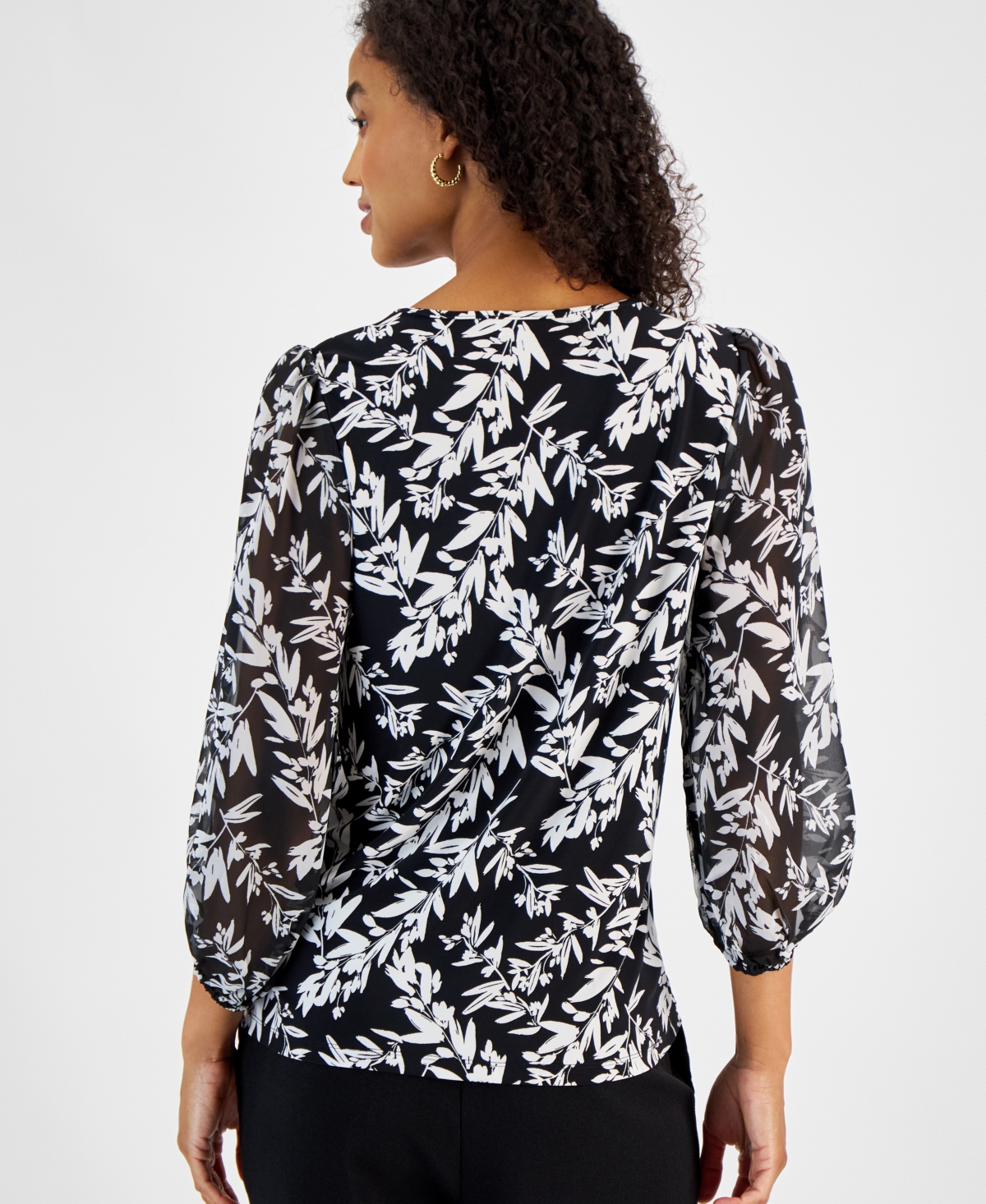 Kasper Women's Leaf-Print Shirred-Neck Blouson-Sleeve Knit Top, Regular & Petite Sizes -Vanilla Ice