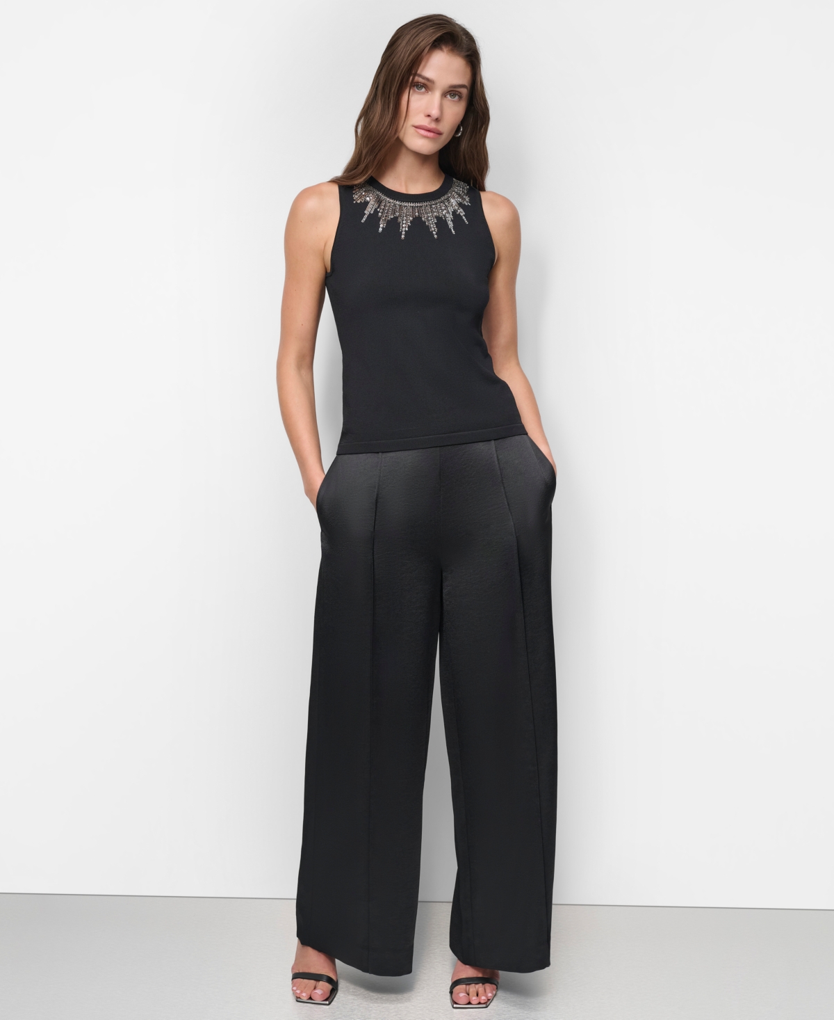Dkny Women's Embellished-Neck Sleeveless Sweater -silv