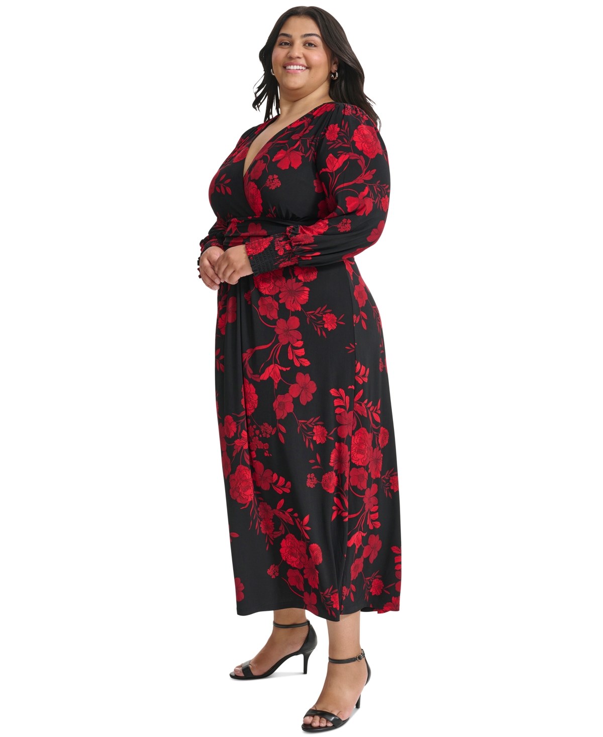 Tommy Hilfiger Plus Size Floral Smocked-Cuff Midi Dress -Scarlet