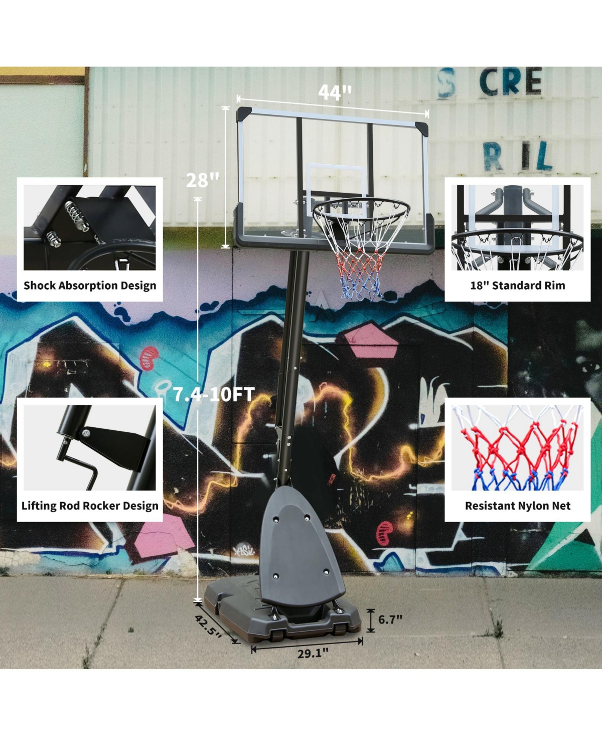 Slickblue Outdoor Basketball Hoop with Height Adjustment for Versatile Play - Grey