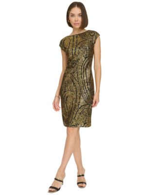 tommy hilfiger black and gold dress Women's Foil-Printed Cap-Sleeve Maxi dress
