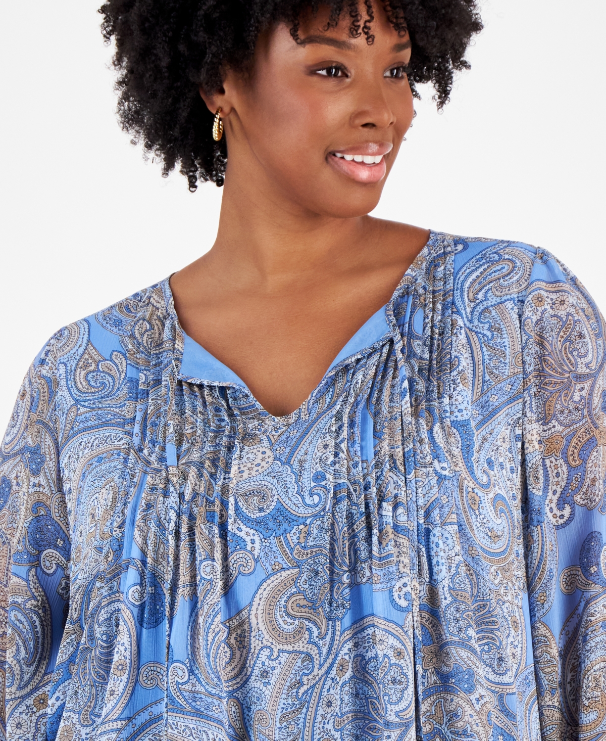 Tommy Hilfiger Plus Size Pintucked Paisley-print Top In Blue