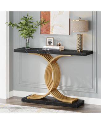 Gold Entryway Table, Modern 39-Inch Console/Accent Table with Geometric Metal Legs, Faux Marble Narrow Wood Sofa Table, Foyer Table for Entrance, Living Room