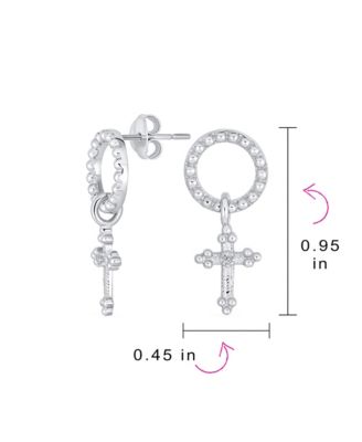 Classic Christian Religious Spiritual Eternal Circle & Fleur De Lis Dangle Cross Earrings .925 Sterling Silver