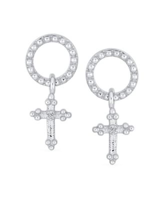 Classic Christian Religious Spiritual Eternal Circle & Fleur De Lis Dangle Cross Earrings .925 Sterling Silver