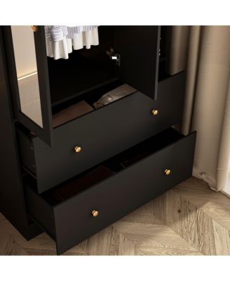 White Wood Armoires Wardrobe With Mirror, Pulling Hanging Rod, Drawers