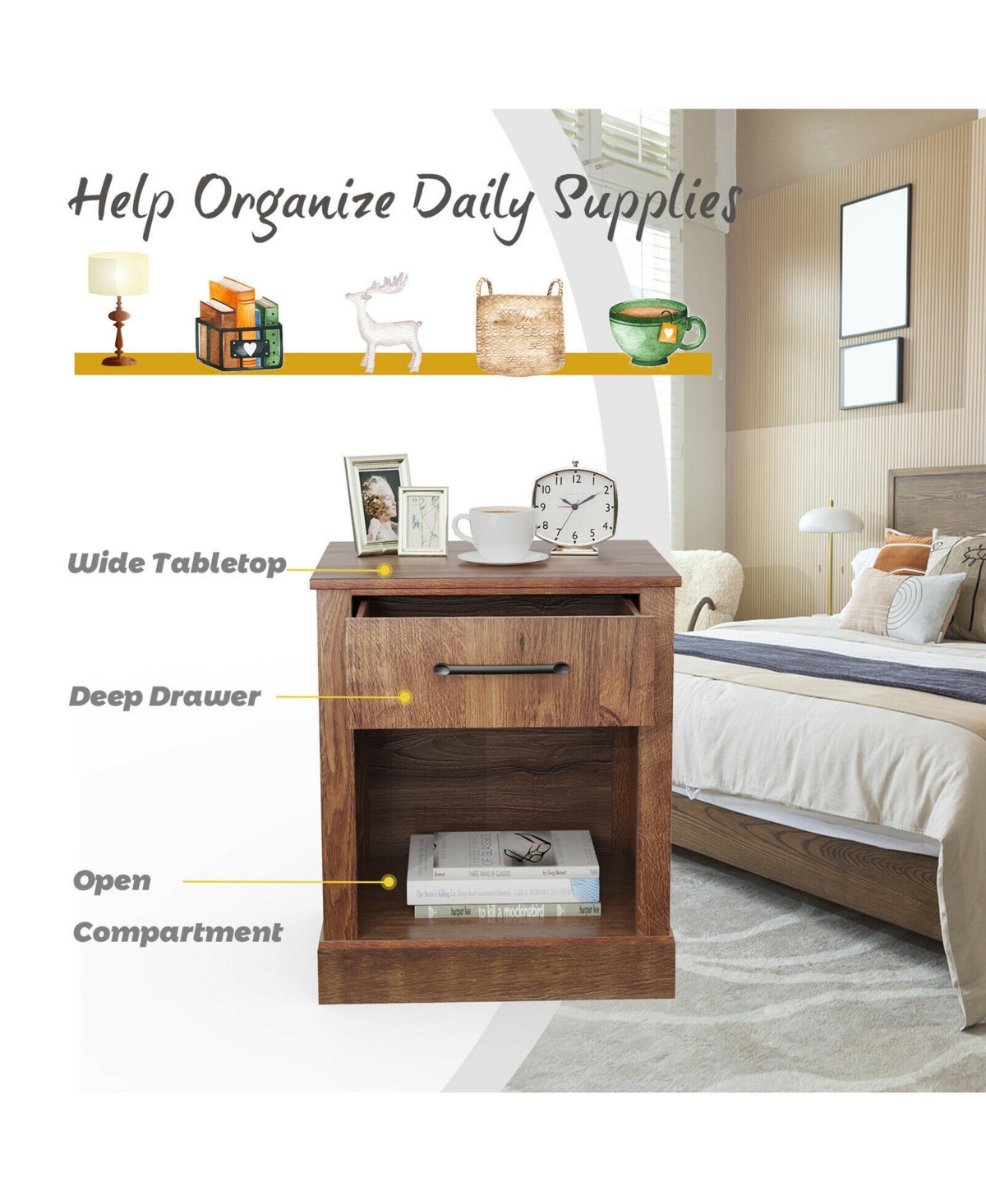 Gymax 2PCS Nightstand with Drawer and Shelf Rustic Wooden Bedside Table Bedroom- Brown
