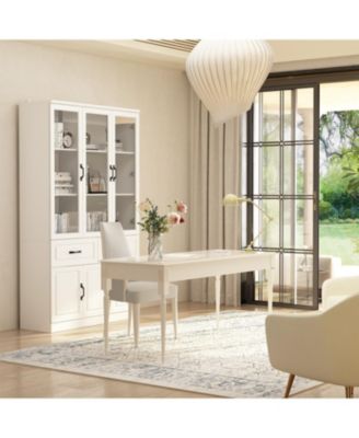 8-Shelf White Wood Standard Bookcase with Shelves,Drawers