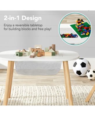 2-in-1 Kid's Building Block Table, Construction Activity Center w/ 2 Stools, Storage Compartment