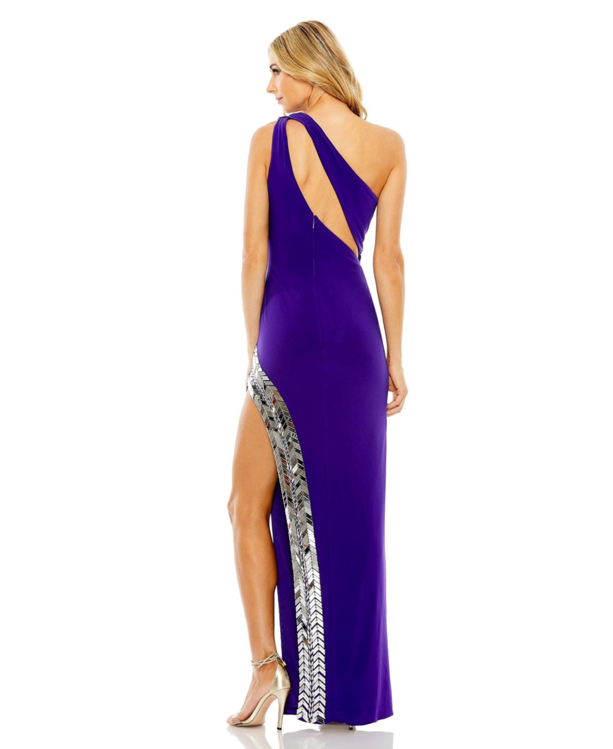Mac Duggal Women's One Shoulder Cut Out Mirror Sequin High Slit Gown