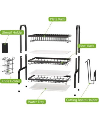 Drying Rack, Metal 3-Tier Large Capacity Dish Rack with Utensil Holder, Cutting Board Holder, Drain Board Tray for Kitchen Counter Storage