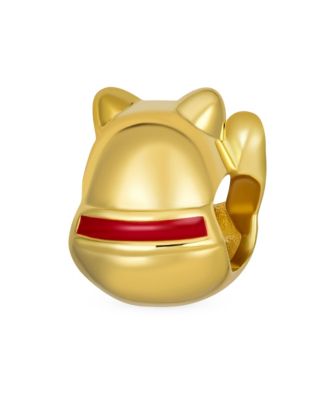 Japanese Maneki Neko Lucky Cat Good Fortune Dangle Charm Bead Red Enamel .925 Sterling Silver Fits European Bracelet