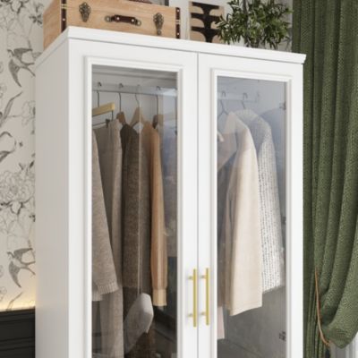 White 2-door 3-drawer wardrobe with tempered glass, bedroom Armoire, wooden Closet