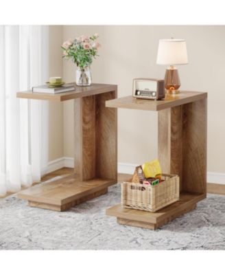 C-Shaped Side Table, 2-Tier Narrow End Table with Sturdy Pedestal, Wood Bedside Table Nightstand, Industrial Sofa End Table, Brown, 2PCS