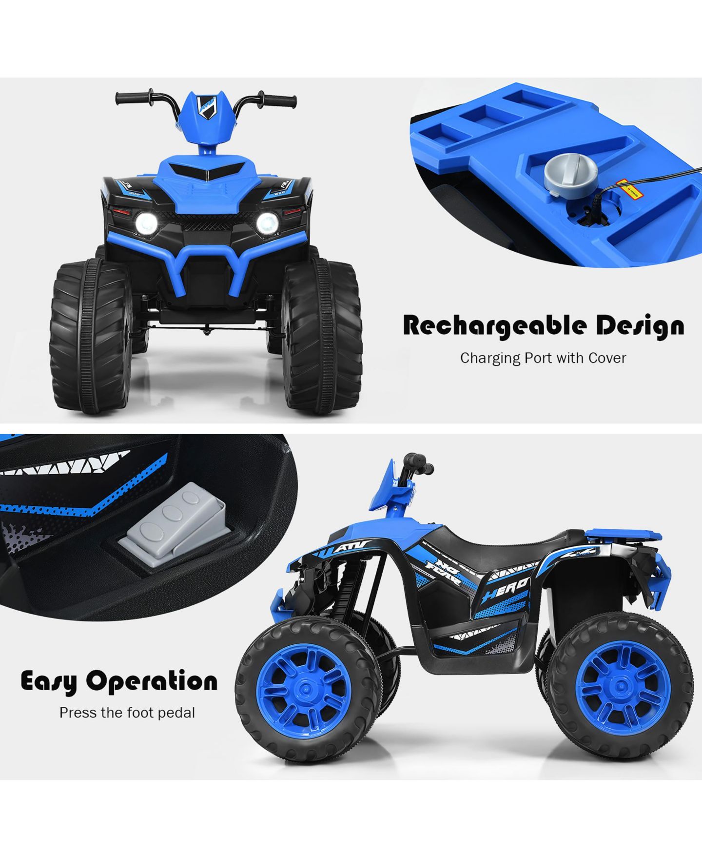 Детская игрушка Costway 12V Kids 4-Wheeler ATV Quad Ride-On Car with LED Lights and Music, 77 lb. Capacity, Ages 3-7, цвет: Синий — фото 8
