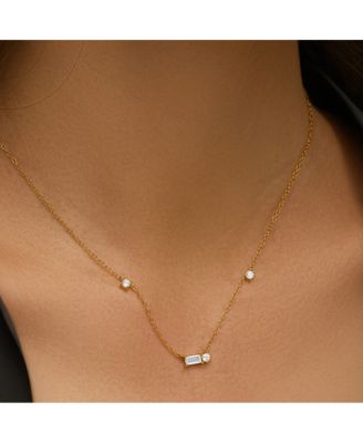 18K Gold Plated Sterling Silver Necklace with Three Round Cut and One Emerald Cut Cubic Zirconia Stones