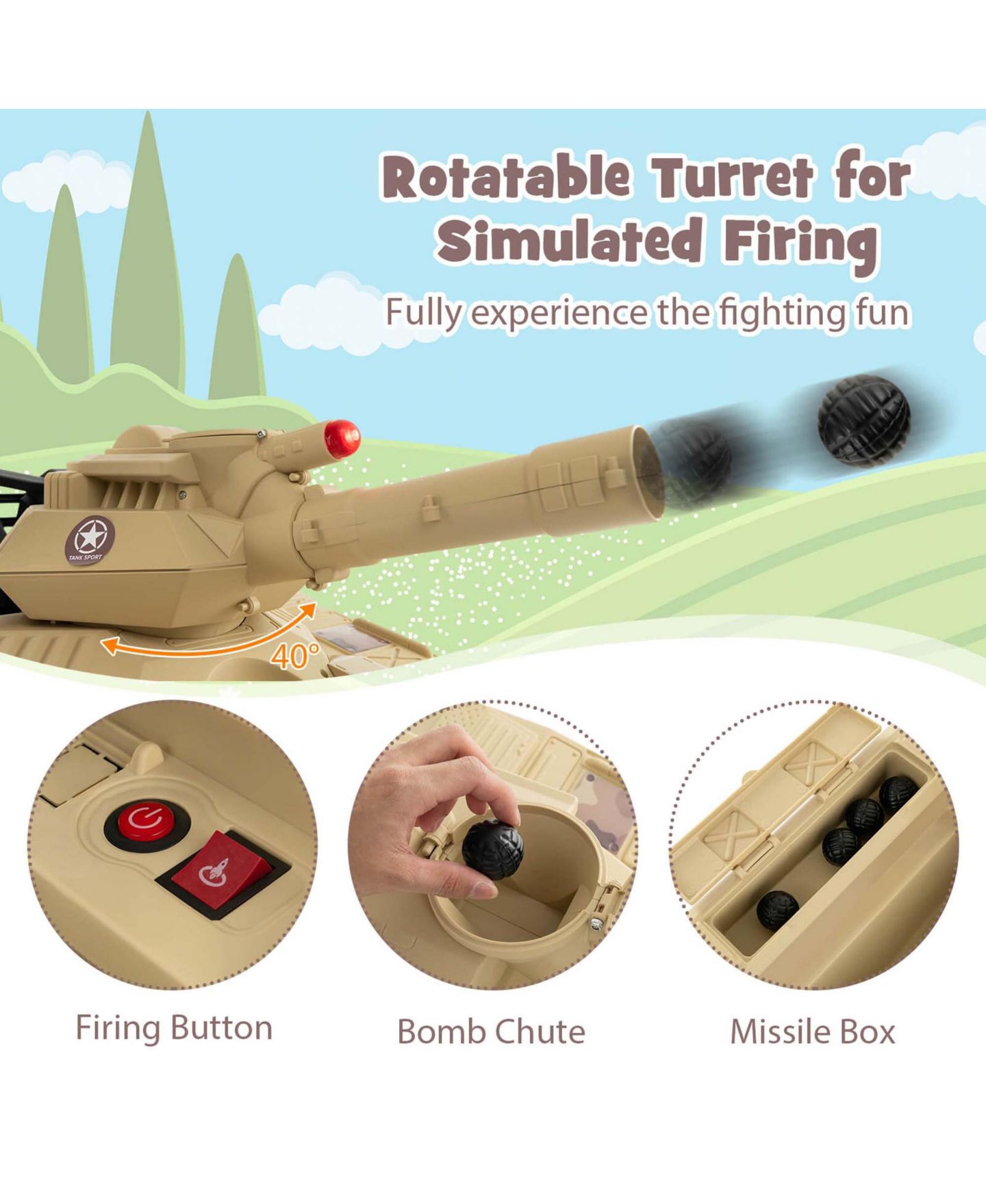 Детские игрушки Costway Electric Remote Control Rotatable Turret Kids Ride On Tank, цвет: Коричневый — фото 3