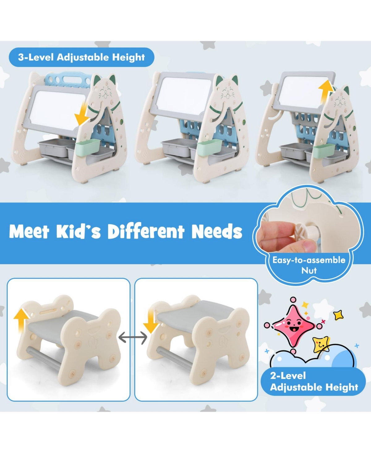 3-In-1 Double Sided Magnetic Dry-Erase Board with Stool and Flipped Writing Desktop