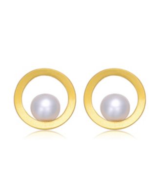 Sterling Silver 14k Gold Plated with Genuine Freshwater Round Pearl Stud Earrings