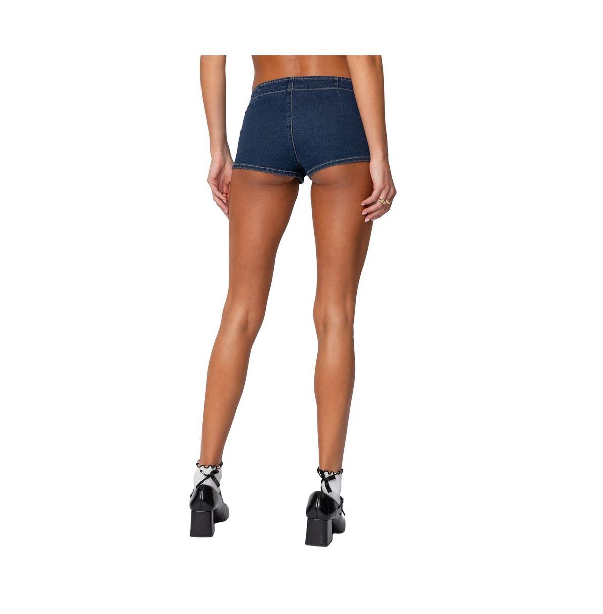 Edikted Women's Zipped Up Denim Micro Shorts - Dark-blue