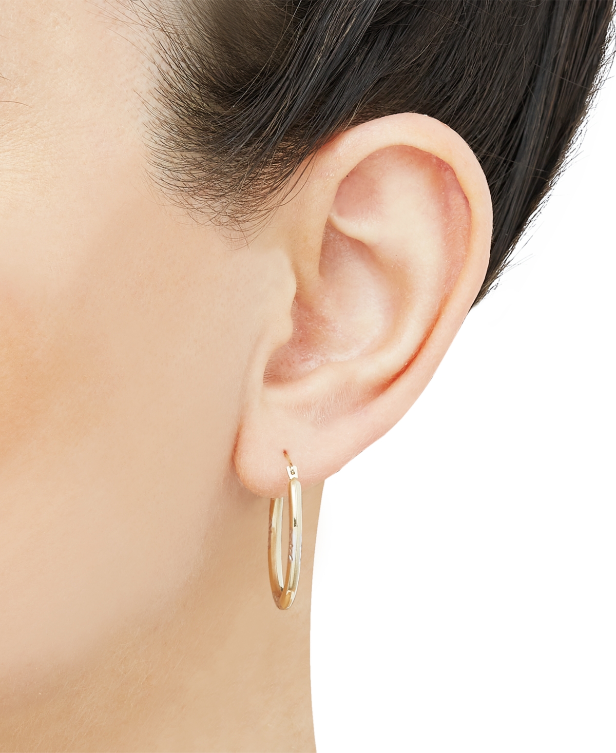 Polished & Textured Oval Two-Tone Small Hoop Earrings in 10k - Gold