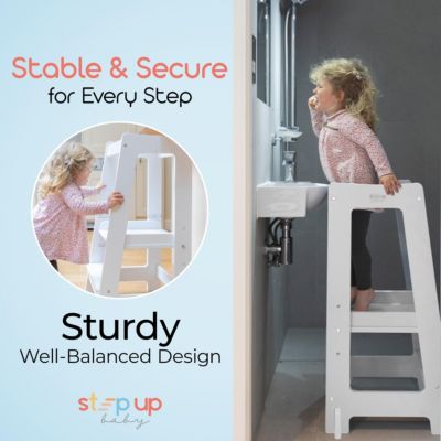 Toddler Tower with Adjustable Step, White Montessori-Inspired Toddler Step Stool, Standing Tower for Kids, Fits Under Kitchen Counters, Adjustable for 18 Month - 5 Years