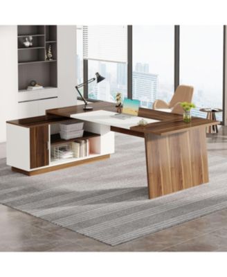 70.5-Inch Executive Office Desk: Modern L-Shaped Desk with File Cabinet and Storage Shelves, Large Wood Computer Desk, Walnut & White