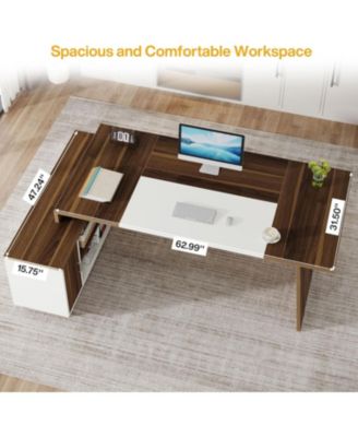 70.5-Inch Executive Office Desk: Modern L-Shaped Desk with File Cabinet and Storage Shelves, Large Wood Computer Desk, Walnut & White