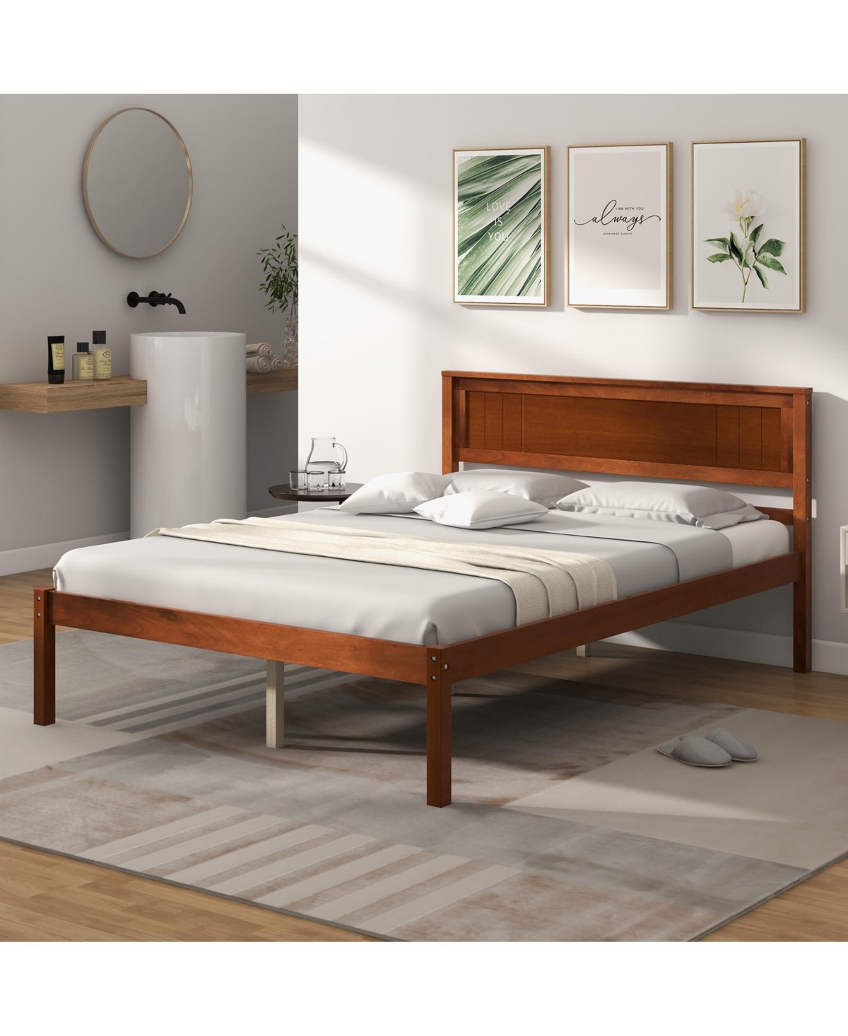 Sugift Size Wooden Bed Frame with Headboard and Slat Support-Full Size