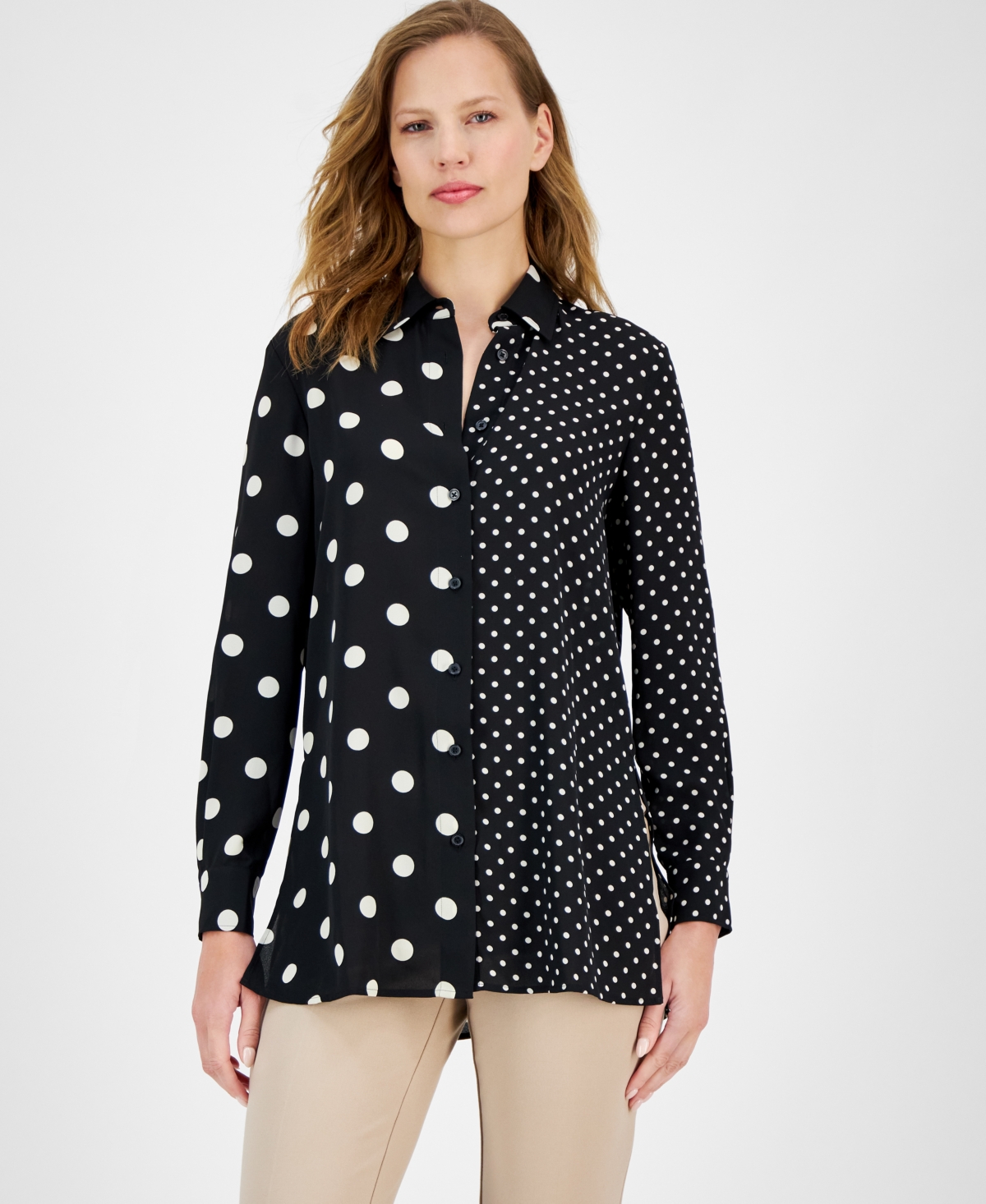 Shop Anne Klein Women's Mixed-dot-print Button-front Shirt In Anne Black,bright White
