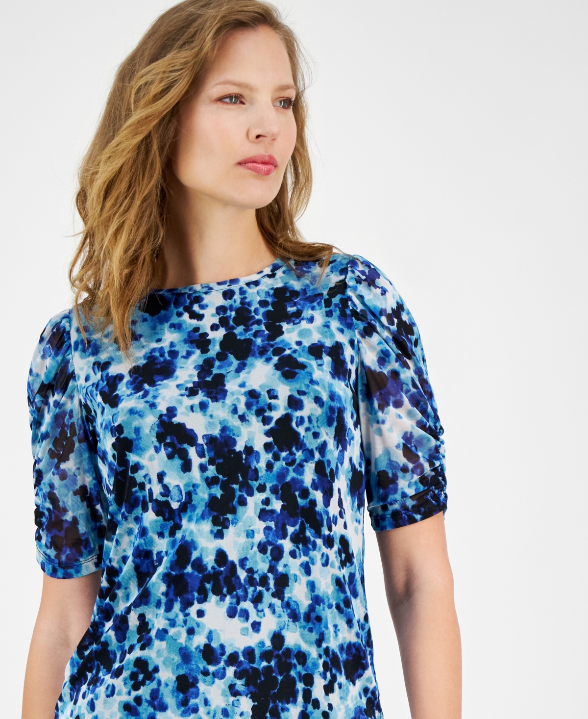 Anne Klein Petite Jewel-Neck Ruched-Sleeve Mesh Top