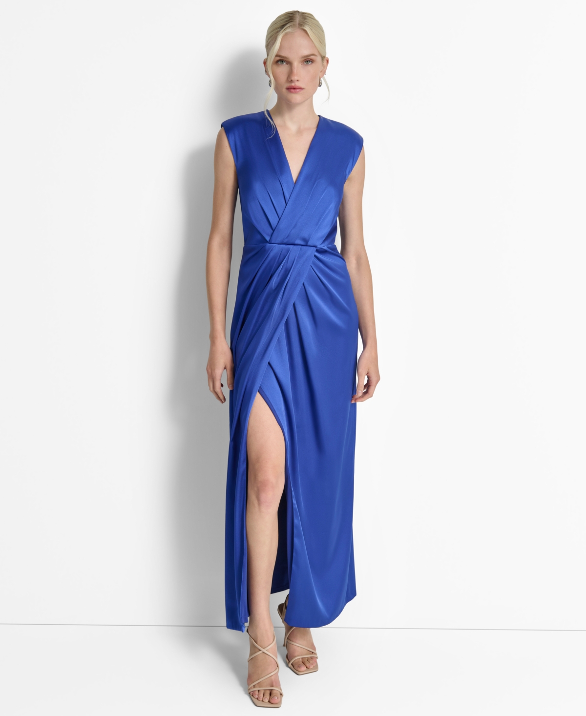 Dkny Women's Crisscross Pleated Side-slit Sleeveless Gown In Radiant Blue