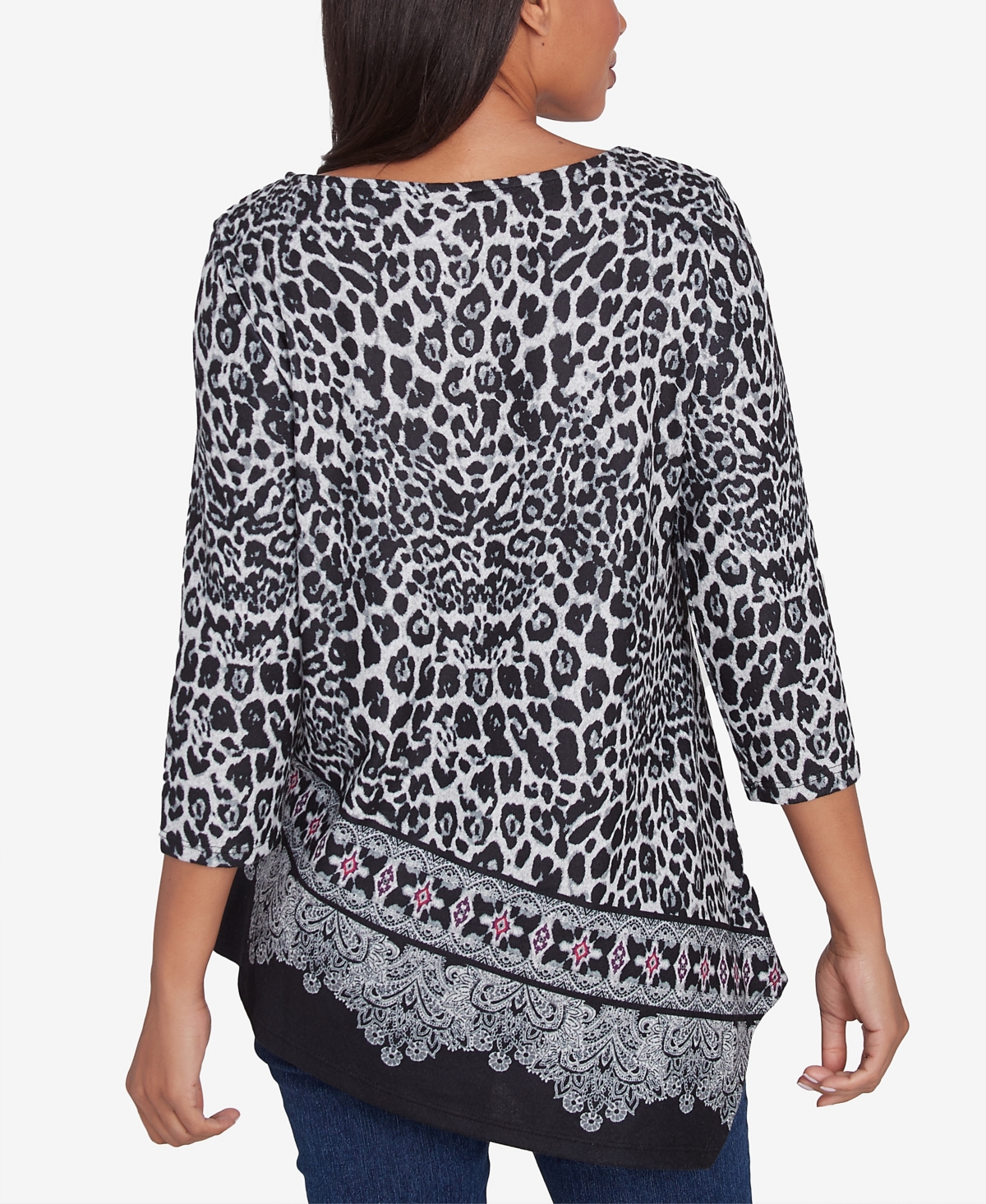 Ruby Rd. Petite Ballet Neck Animal Printed Hatchi Knit Top with Asymmetric Paisley Border Print Hem