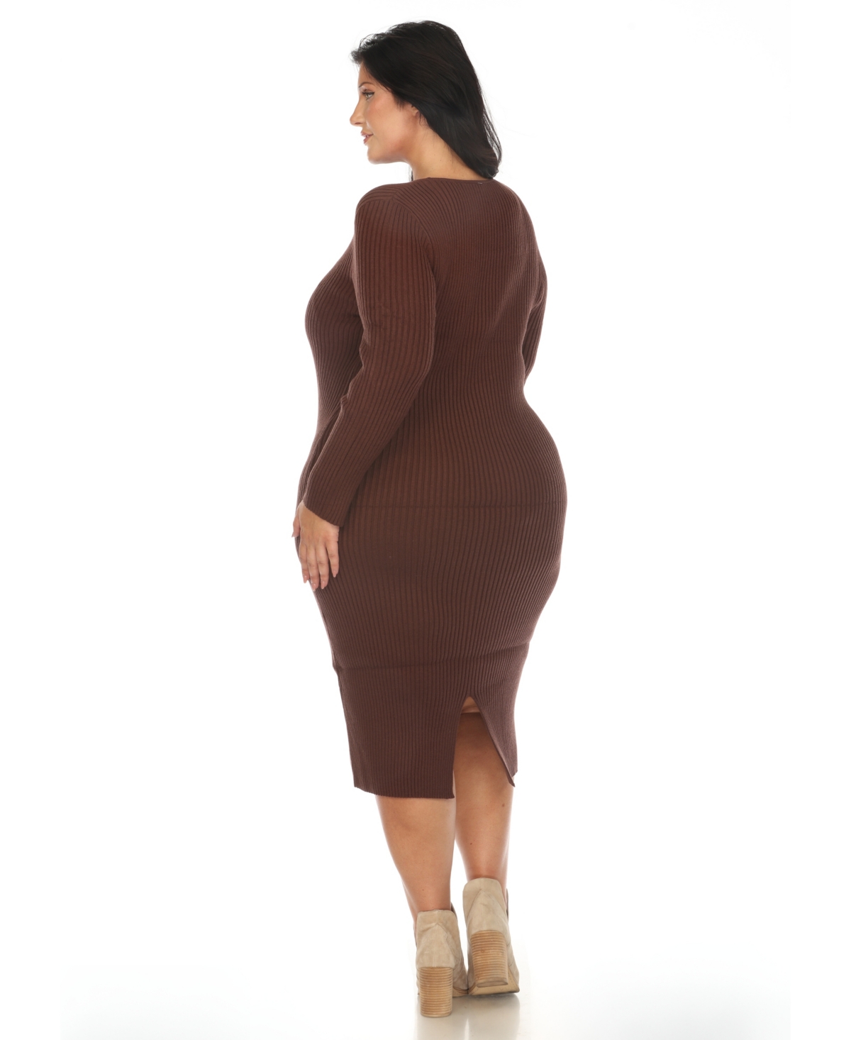 White Mark Plus Size Rib Midi Sweater Dress In Brown