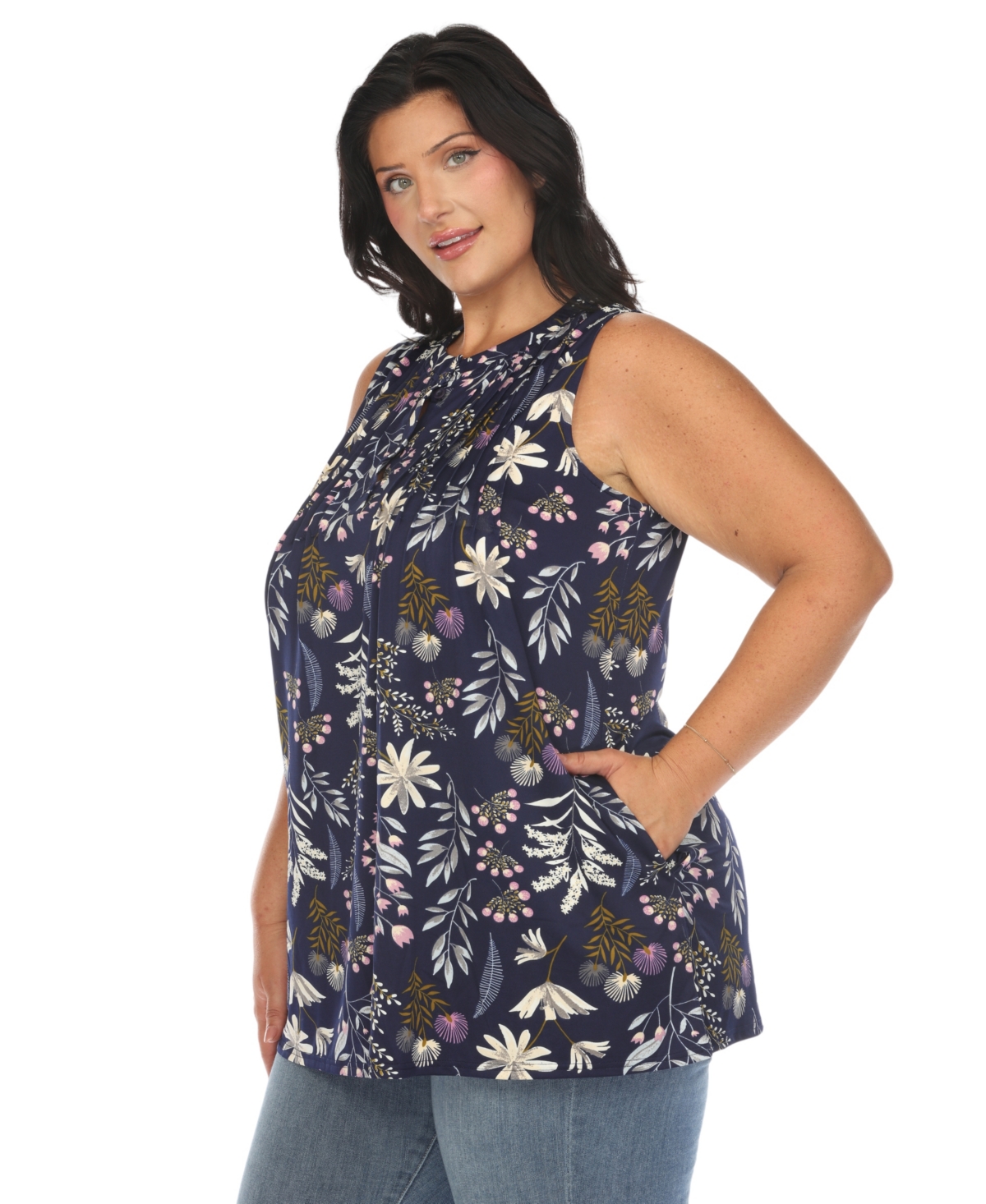 White Mark Plus Size Floral Sleeveless Tunic Top In Navy