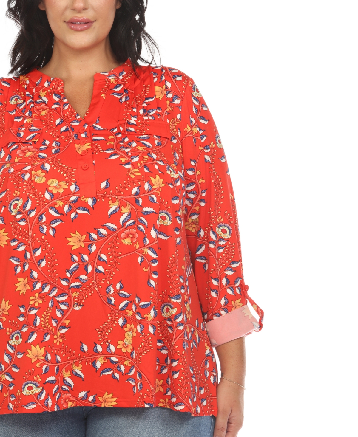 White Mark Plus Size Paisley Button Front Tunic Top In Red