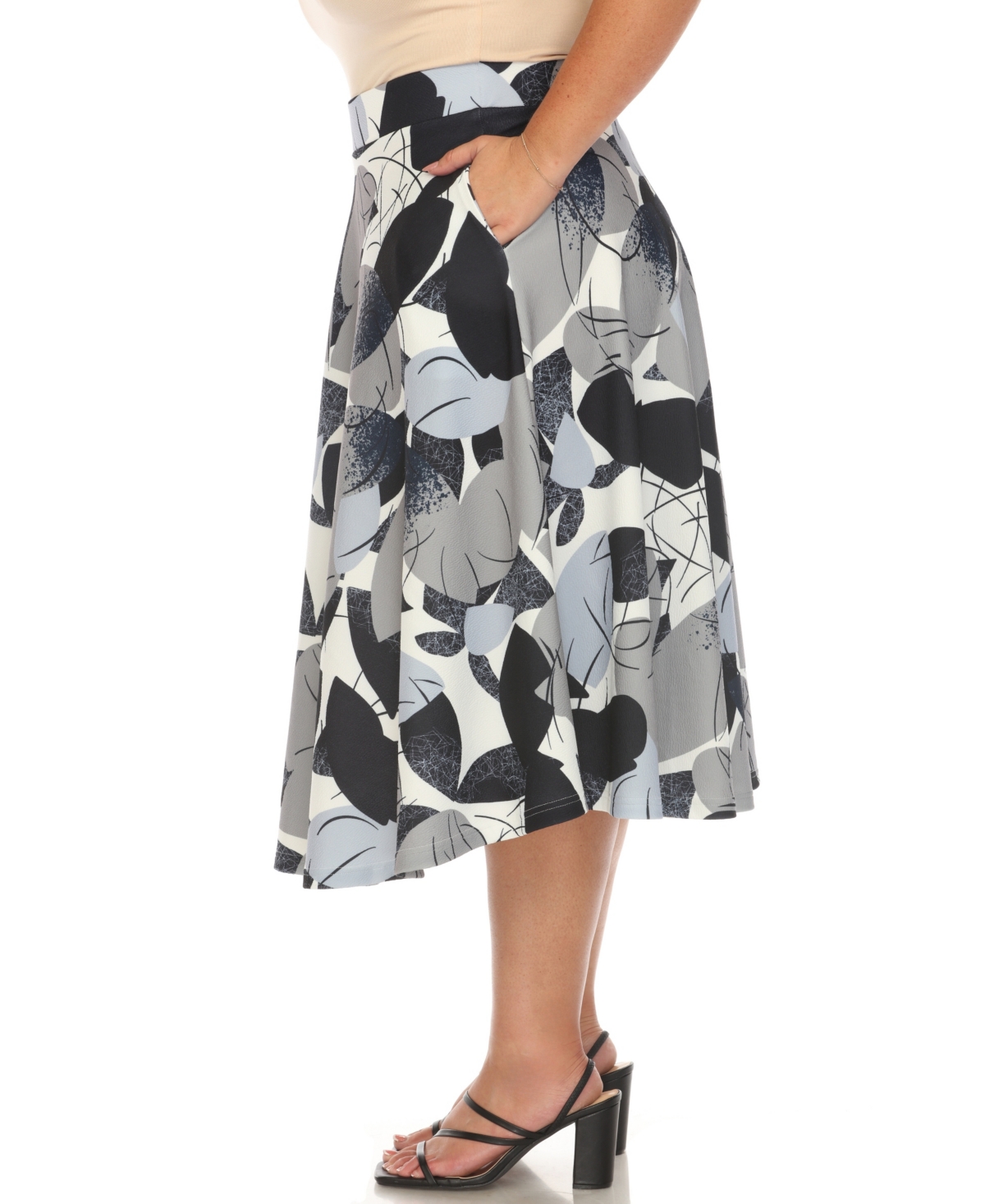 White Mark Plus Size Leaf Print Vintage Flared Midi Skirt In Navy