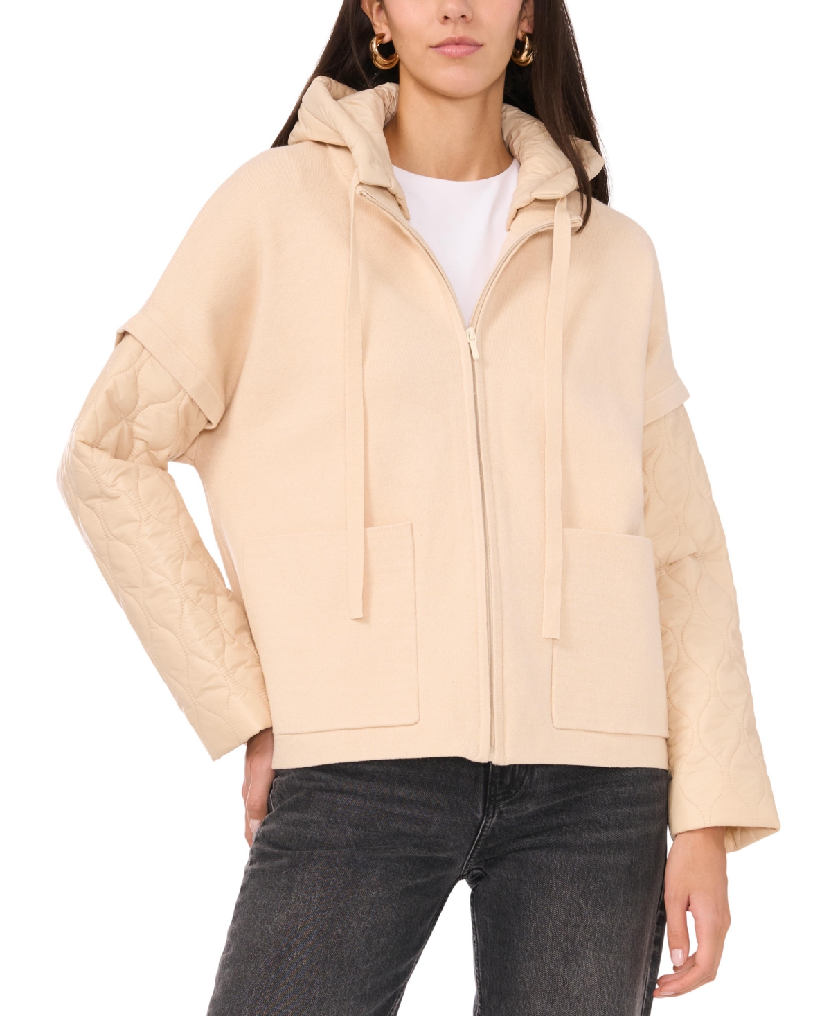 Shop Vince Camuto Women's Quilted-sleeve Mixed-media Jacket In Stone