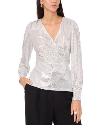 Women's Sequined Faux-Wrap Long-Sleeve Top