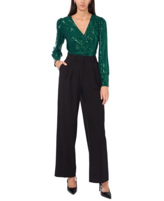 Women's Sequined Faux-Wrap Long-Sleeve Top