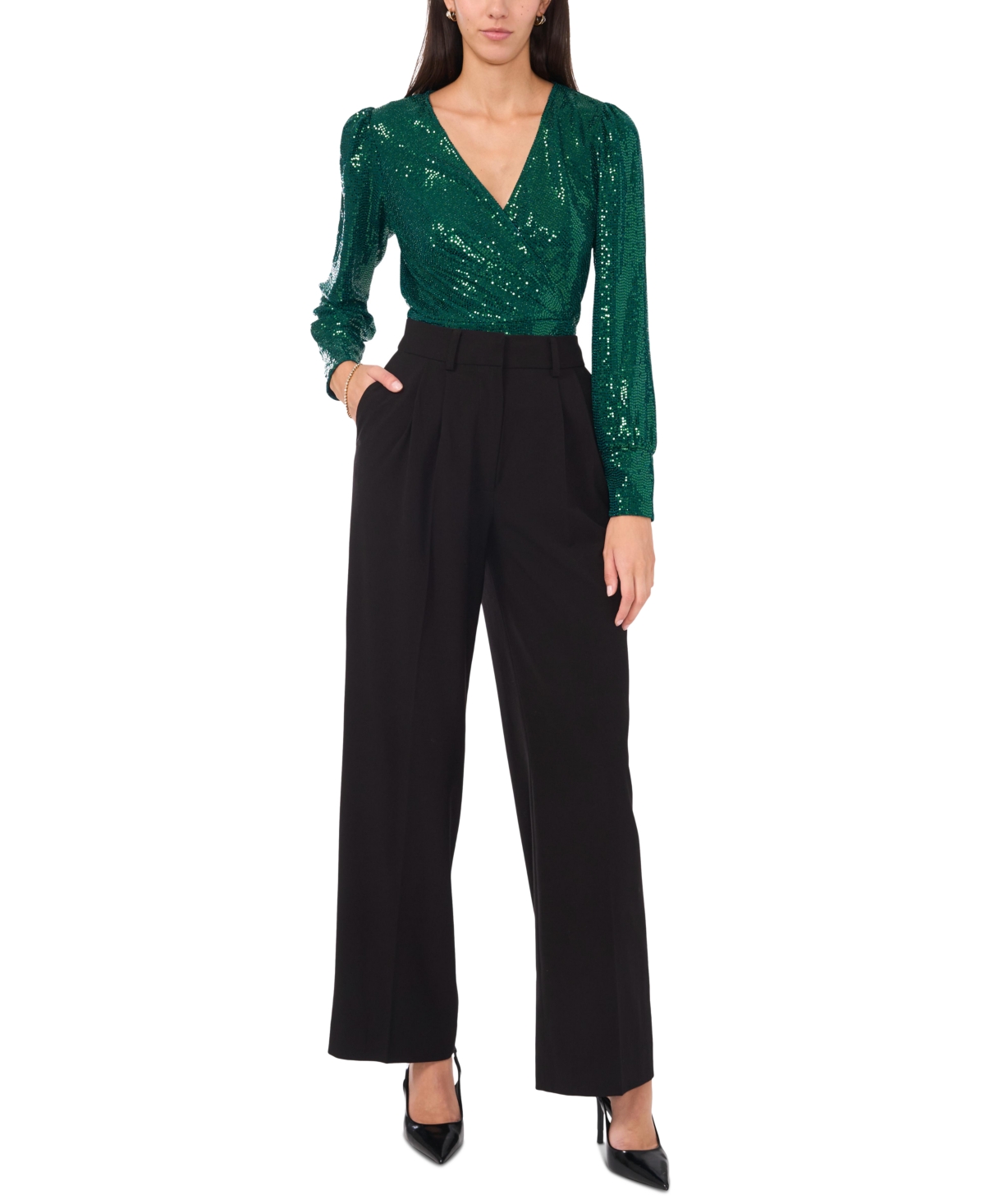 Vince Camuto Women's Sequined Faux-wrap Long-sleeve Top In Arresting Emerald