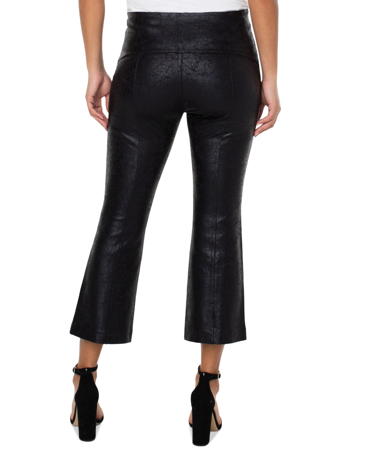 Liverpool Los Angeles Stella Crackle Coated Kick Flare Ponte Crop Pants In Black Crackle