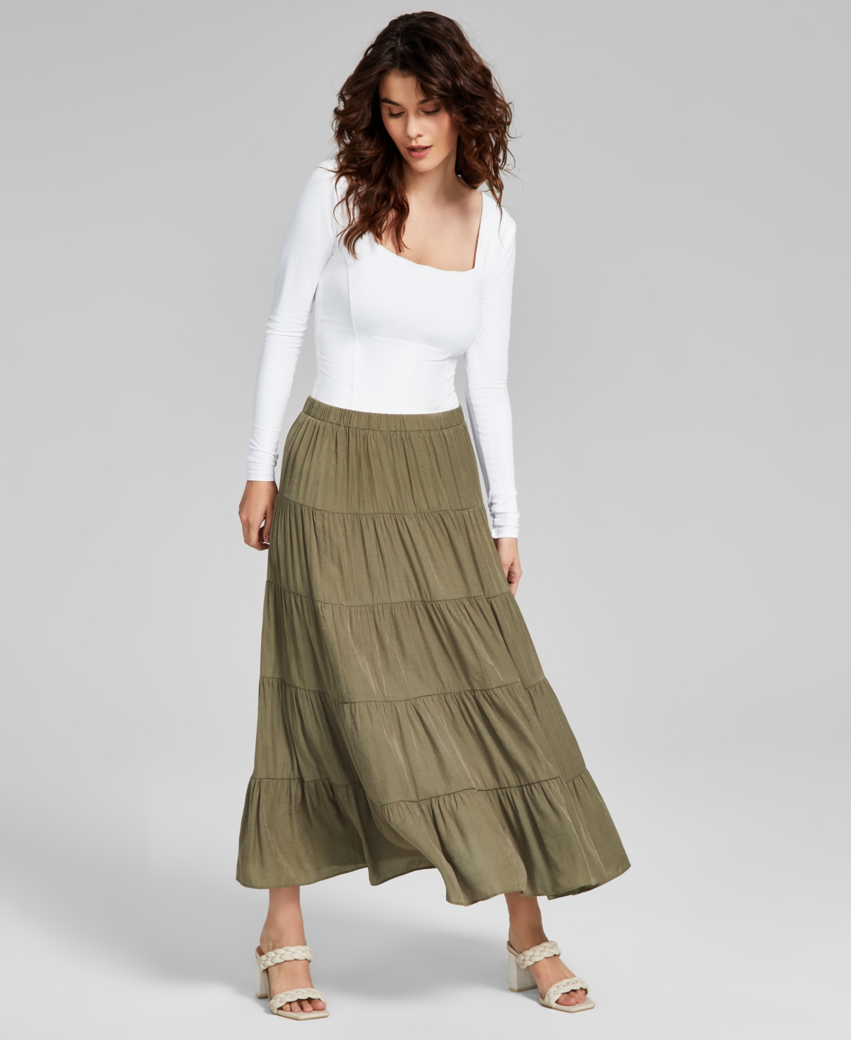 And Now This Women's Pull-on Tiered Maxi Skirt In Crushed Oregano